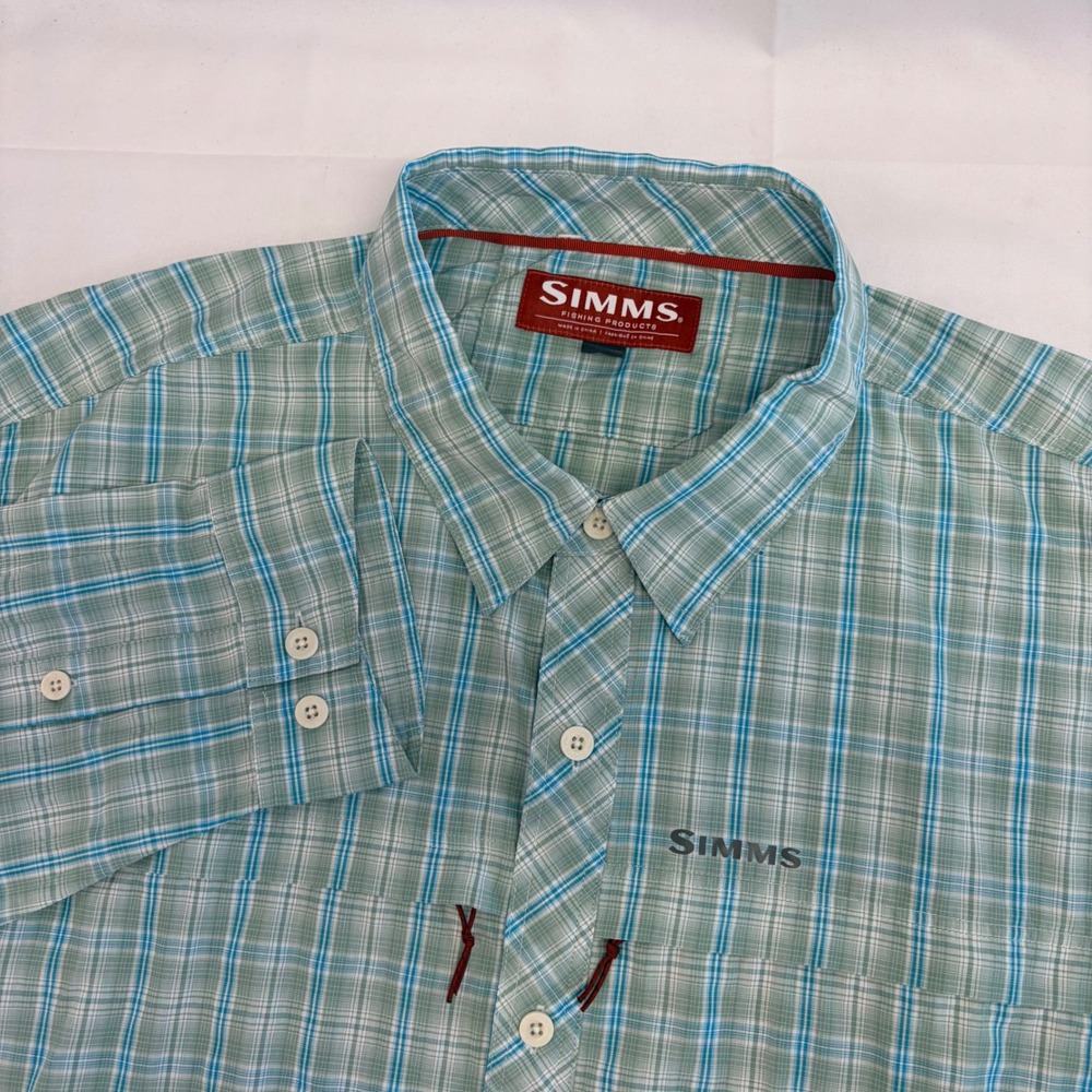 Simms Fishing Shirt Plaid Mens XXL Long Sleeve Roll Tab Green Blue Outdoor Top - Picture 3 of 11